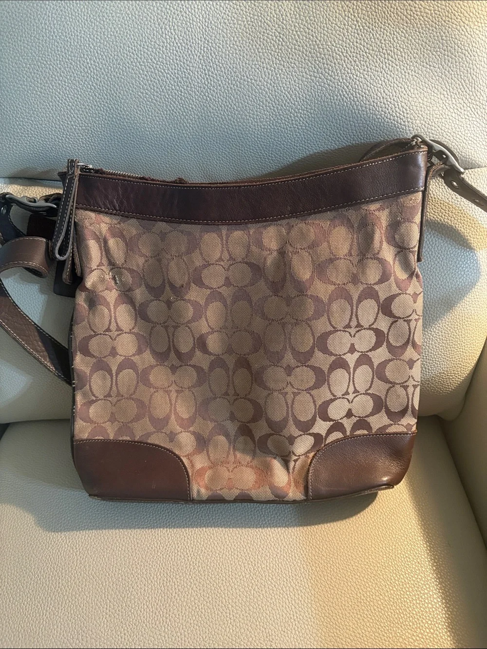 Coach Brown Signature Canvas Crossbody with Leather Trim